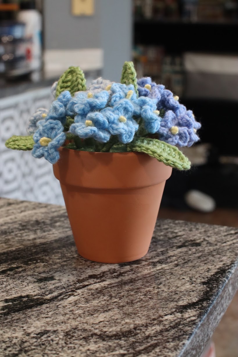 Potted crocheted forget-me-nots